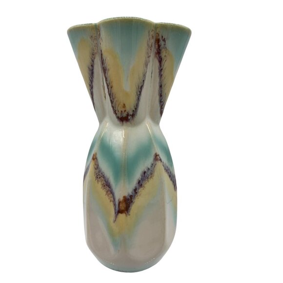 Retro Chevroned Bud Vase Gossy Ceramic Boho - Picture 4 of 13